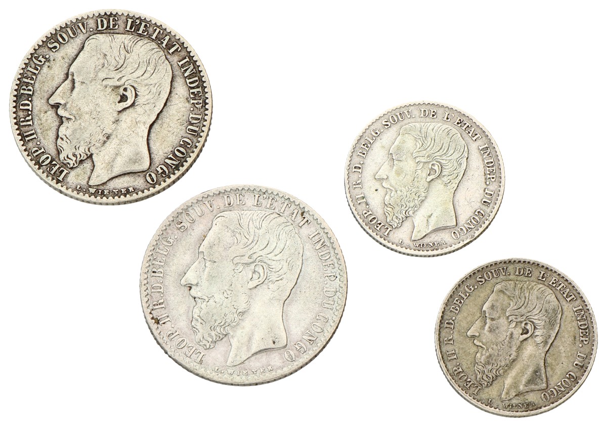 Congo. Free state. Leopold II. Lot (4) 1 Franc & 50 Centimes. 1891 & 1896. VF - XF.