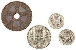 Congo. Free state. Leopold II. Lot (4) 2 Francs, 50 Centimes & 10 Centimes. 1887, 1888, 1891 & 1896. F - VF.