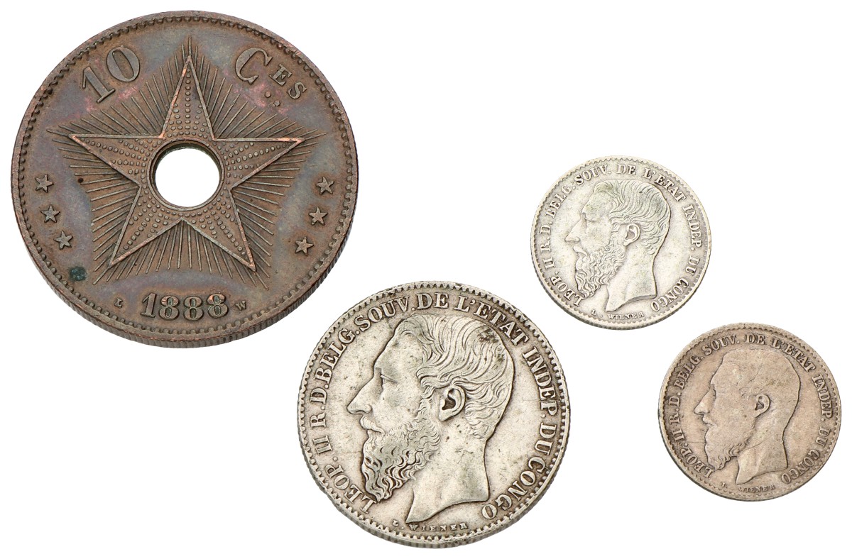 Congo. Free state. Leopold II. Lot (4) 2 Francs, 50 Centimes & 10 Centimes. 1887, 1888, 1891 & 1896. F - VF.