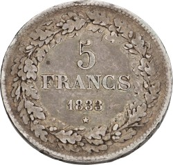 Belgium. Leopold I. 5 Francs. 1833. VF +.