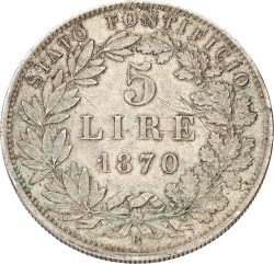 Italian states. Papal states. Pius IX. 5 Lire. 1870. XF.