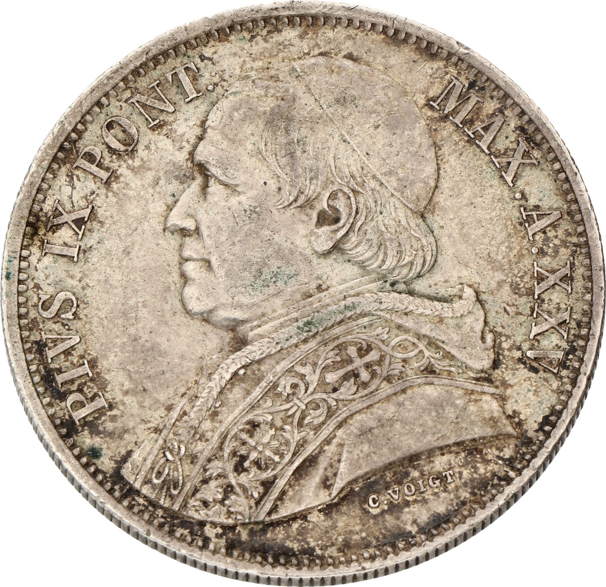 Italian states. Papal states. Pius IX. 5 Lire. 1870. XF.