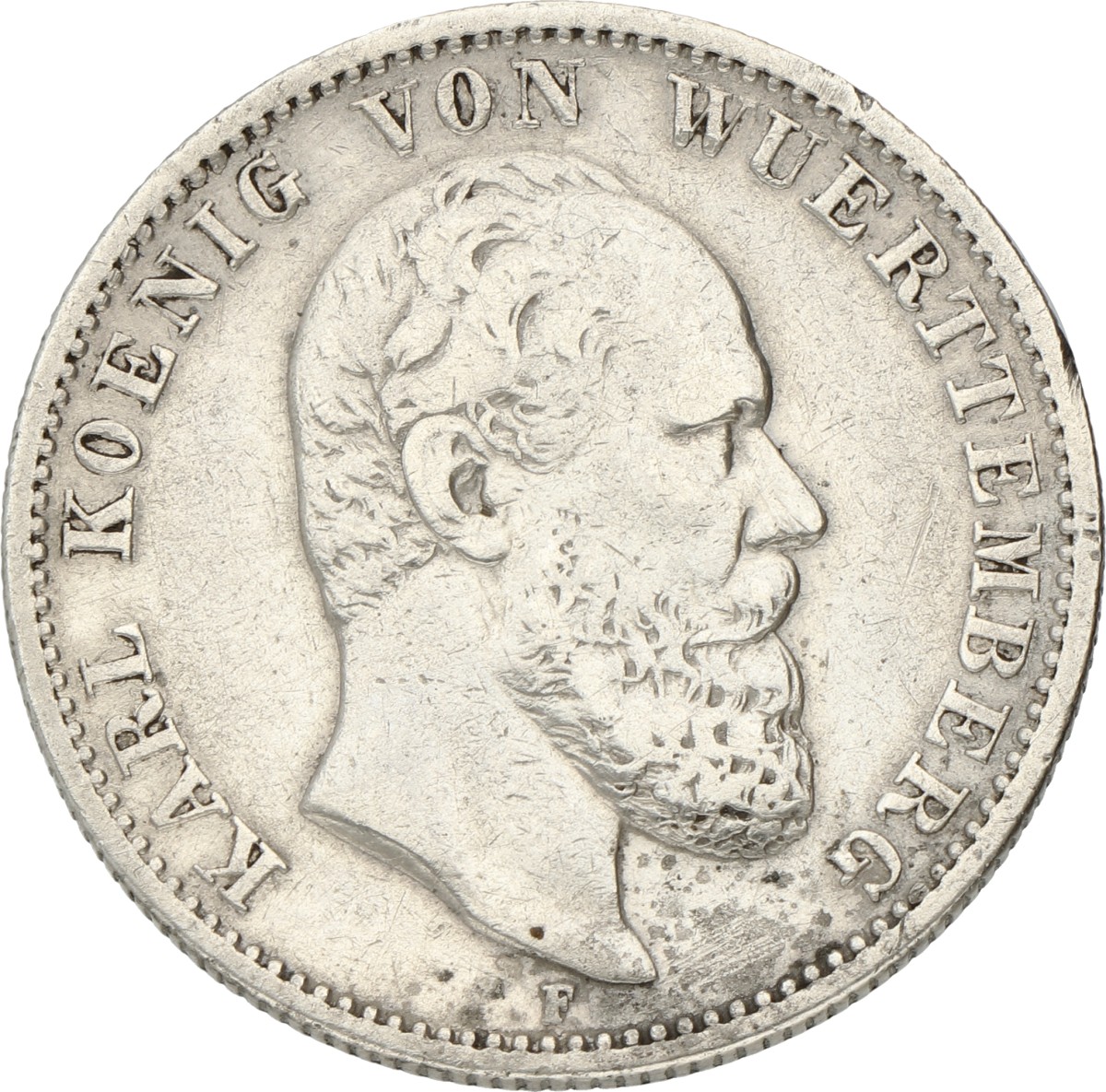 German states. Württemberg. Karl. 2 Mark. 1877 F. F / VF.