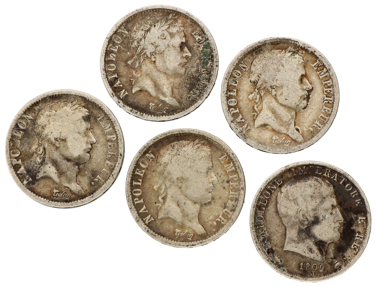 France & Italian states. Empire & Naopleonic kingdom. Lot (5) 2 Francs. 1809 B, 1809 M & 1811 A. F - VF.