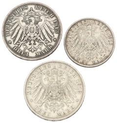 German states. Prussia. Wilhelm II. Lot (3) 2 & 3 Mark. 1913. XF.