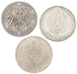 German states. Wurttemberg, Bavaria, Prussia. Karl, Wilhelm, Otto. Lot (3) 5 Mark. 1874, 1876, 1901. VF.