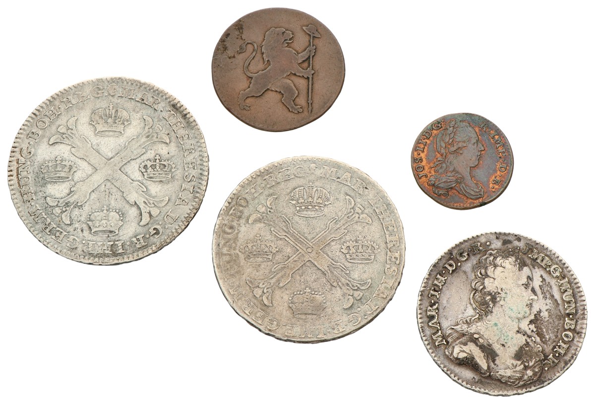 Lot (5) Kronenthaler, halve Dukaton, dubbele oord & oord. Brabant. Antwerpen & Brussel. Maria Theresia, Joseph II & Belgische staten. 1753, 1765, 1768, 1788 & 1790. Gemiddeld Zeer Fraai.