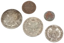 Lot (5) Kronenthaler, halve Dukaton, dubbele oord & oord. Brabant. Antwerpen & Brussel. Maria Theresia, Joseph II & Belgische staten. 1753, 1765, 1768, 1788 & 1790. Gemiddeld Zeer Fraai.