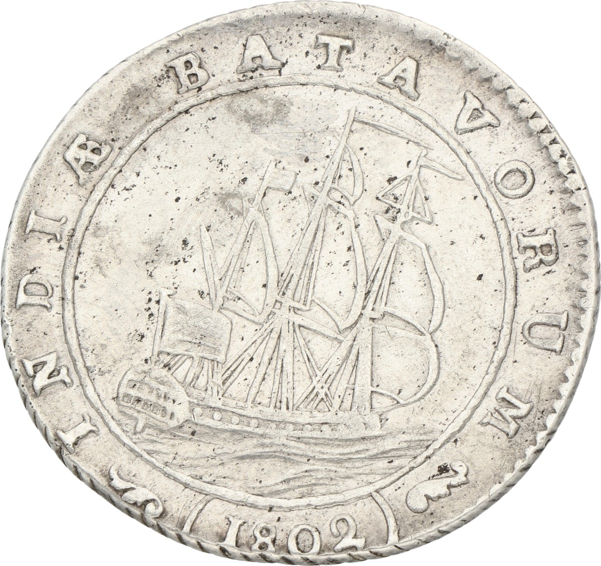 1 Gulden. Nederlands-Indië. 1802 - Grote mast tussen T A. Zeer Fraai +.