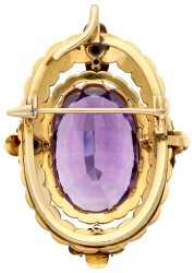 Antieke 14K geelgouden broche/hanger bezet met ca. 27.18 ct. amethist en parels.