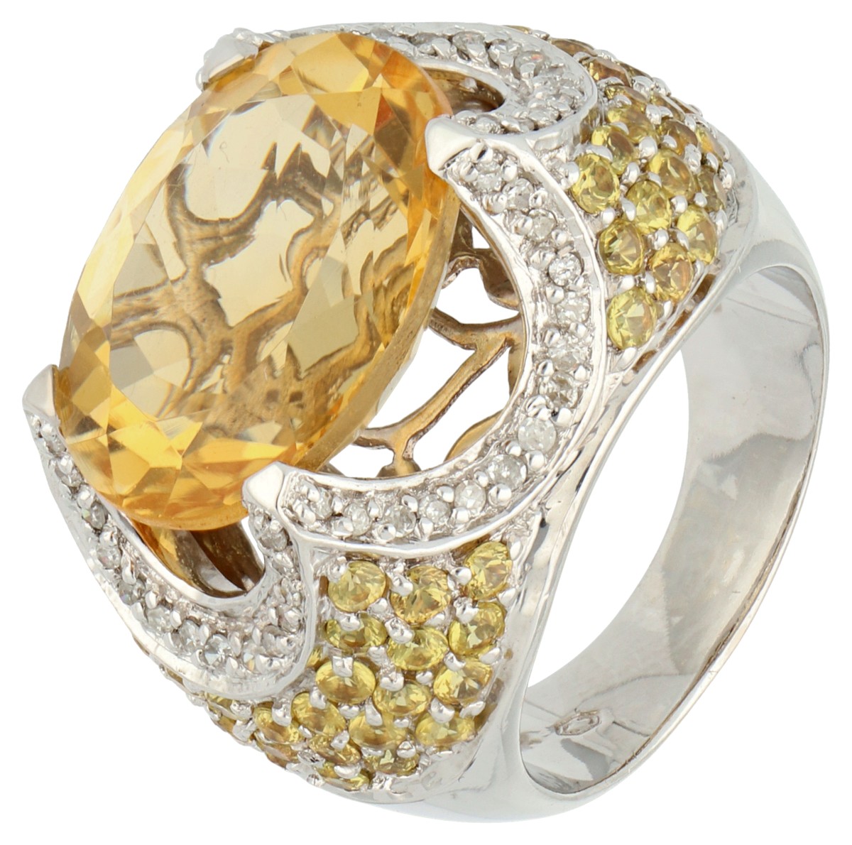 14K Witgouden cocktail ring met citrien, diamant en gele saffier