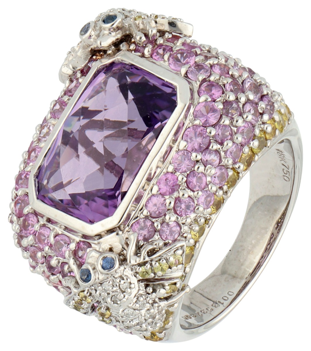 18K Witgouden cocktail ring met bijtjes bezet met ca. 10.81 ct. amethist en paarse en gele saffier