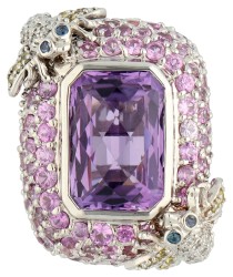 18K Witgouden cocktail ring met bijtjes bezet met ca. 10.81 ct. amethist en paarse en gele saffier