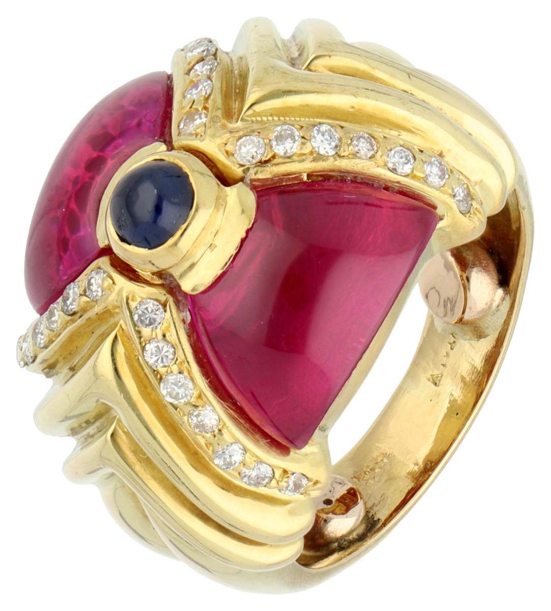18K Geelgouden Italiaanse retro stijl ring bezet met diamant, synthetisch robijn en saffier