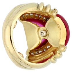 18K Geelgouden Italiaanse retro stijl ring bezet met diamant, synthetisch robijn en saffier.