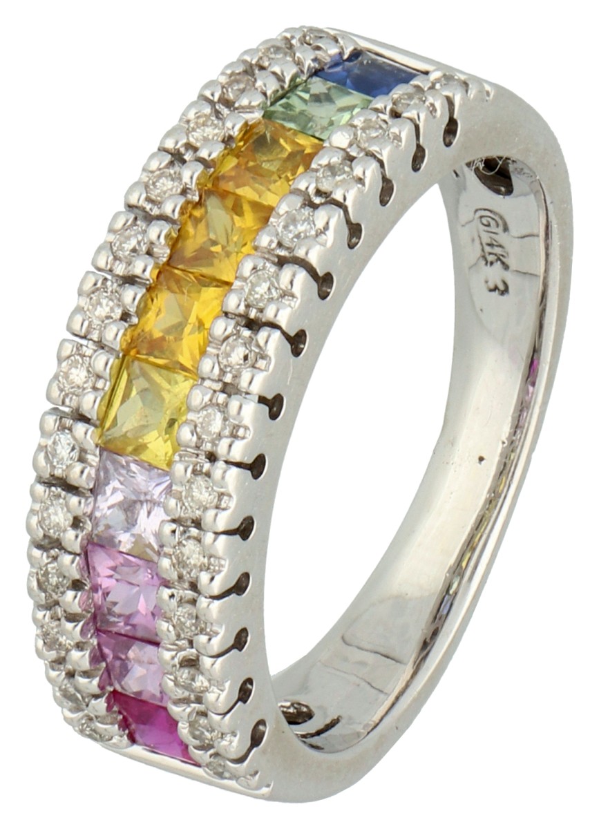 14K Witgouden regenboogring bezet met saffier en diamant.