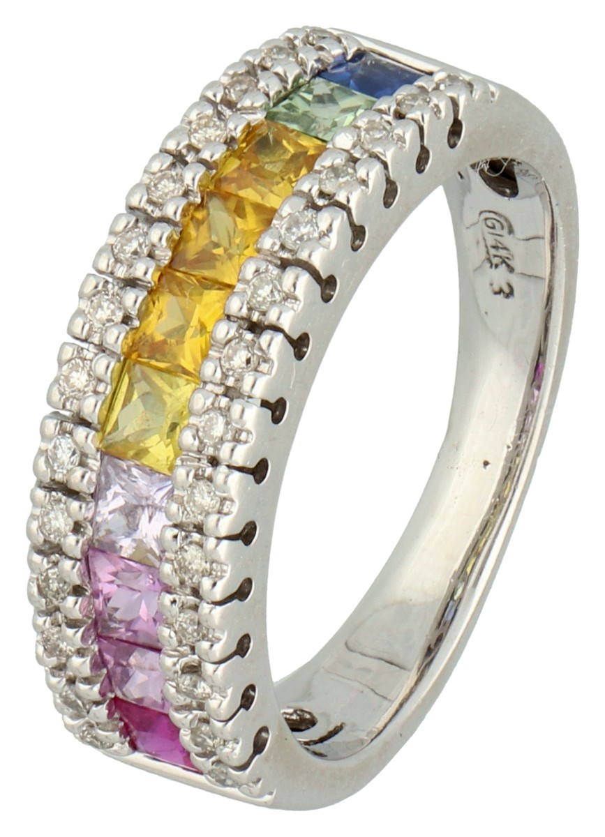 14K Witgouden regenboogring bezet met saffier en diamant.