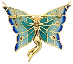 18K Geelgouden broche/hanger aan collier met plique-a-jour emaille en bezet met diamant.