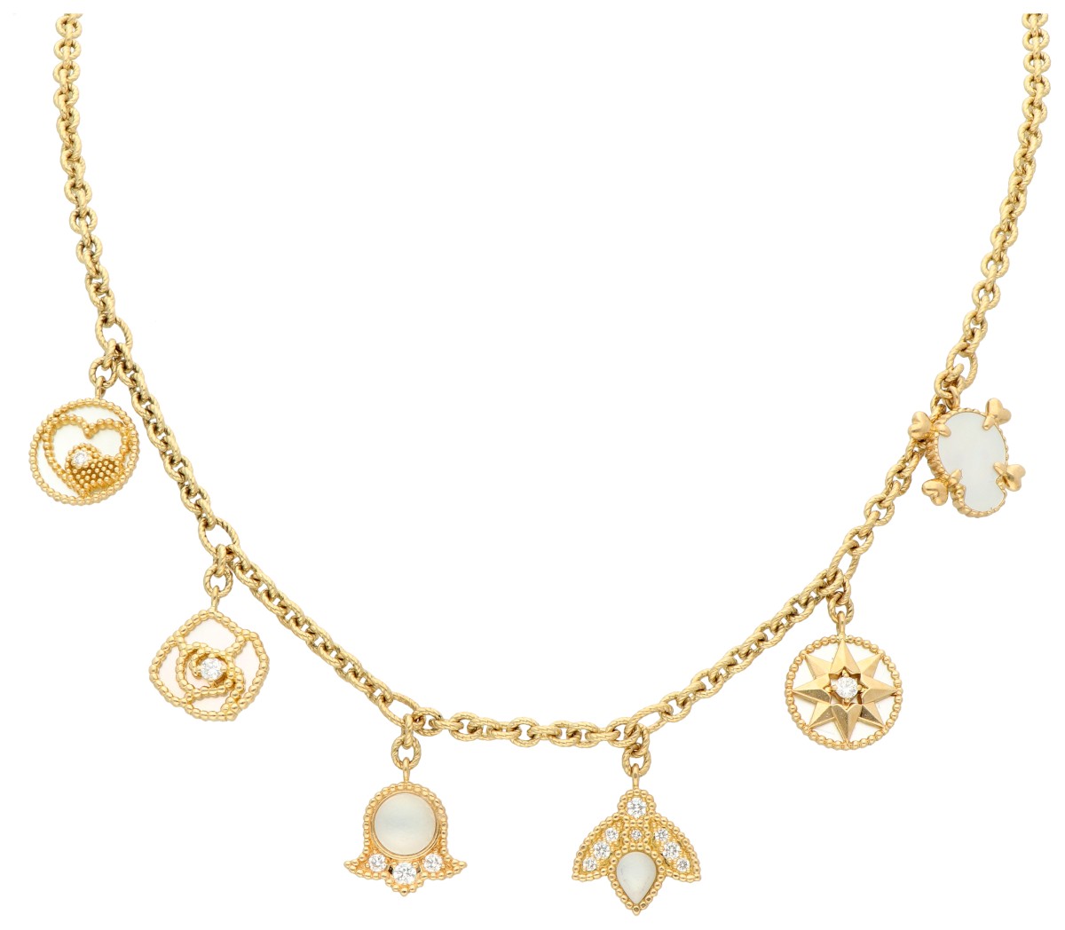 Dior 18K geelgouden 'Rose des Vents' collier met parelmoeren bedels.