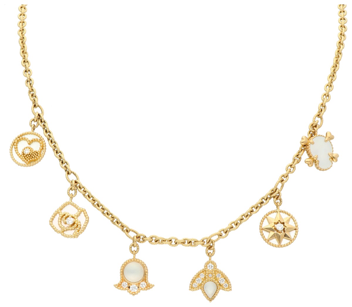 Goudwisselkantoor auction: Dior 18K geelgouden 'Rose des Vents' collier met parelmoeren bedels.