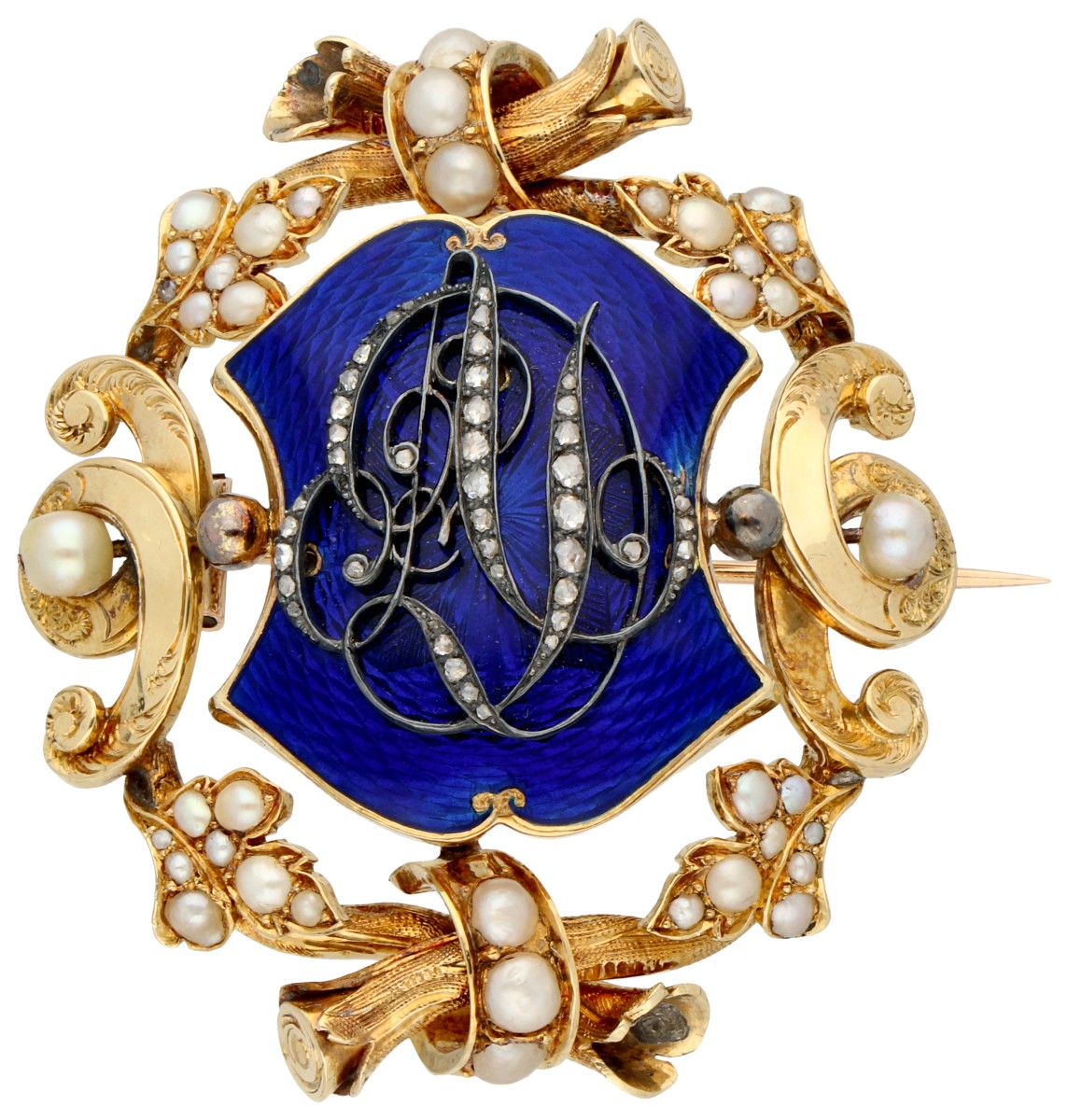 Antiek 18K geelgouden gemonogrammeerde herinneringsbroche uit 1854.