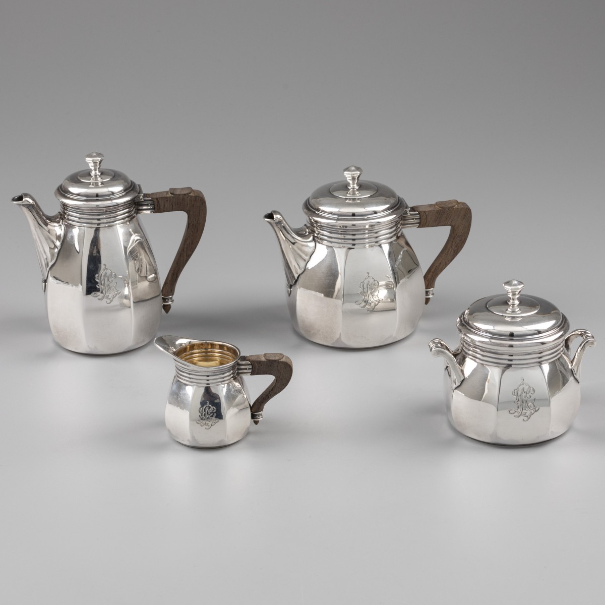 Art Nouveau koffie- en theeservies (4), Limousin & Souche (1905-1925), Parijs ca. 1910, zilver.