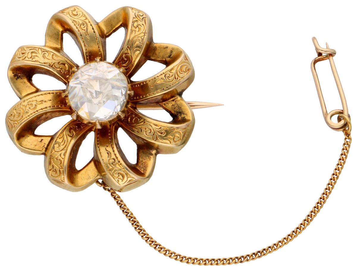 Antieke 14K geelgouden broche met roos geslepen diamant.