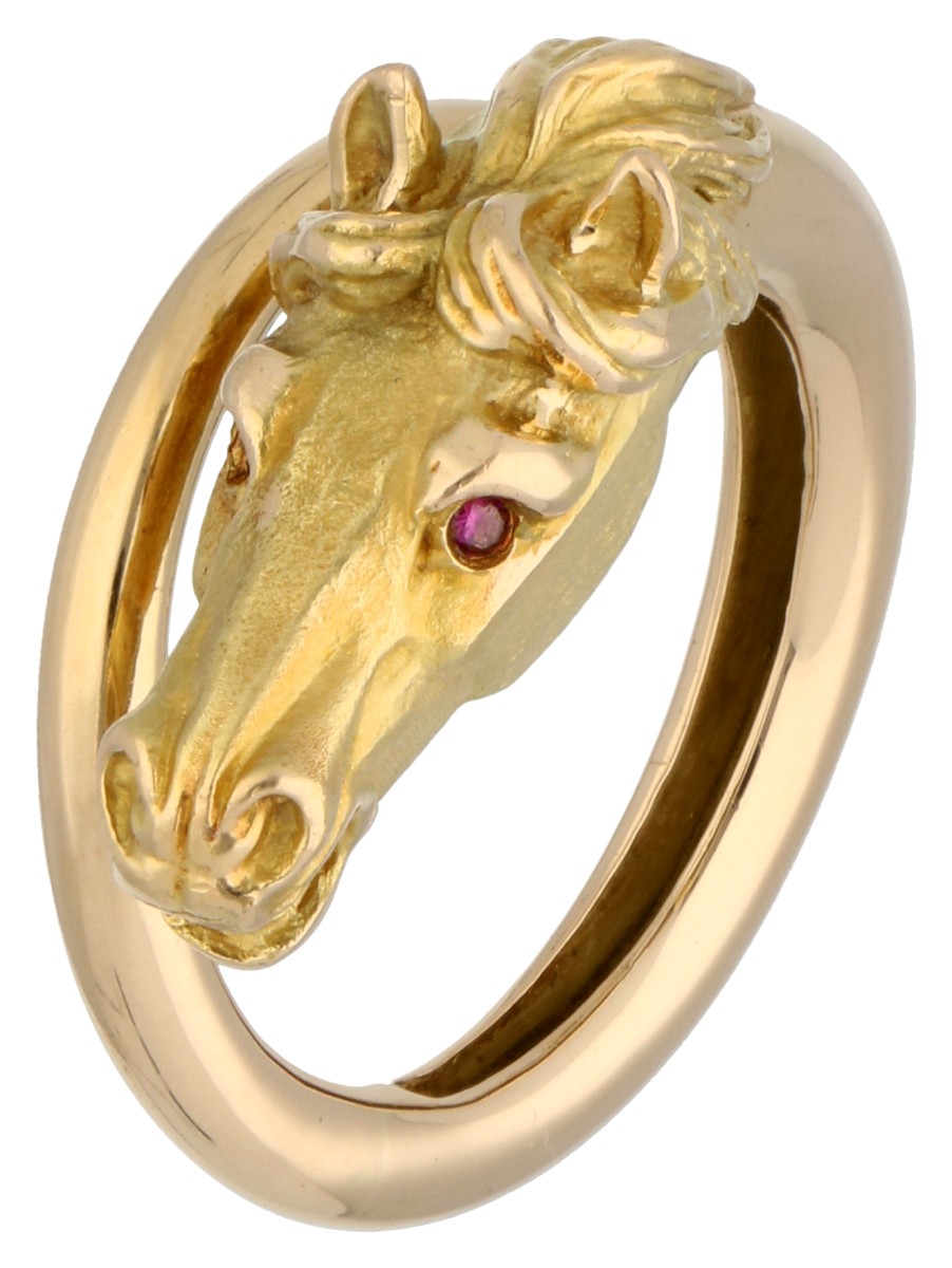 Franse 18k geelgouden Gay Frères ring met paardenhoofd