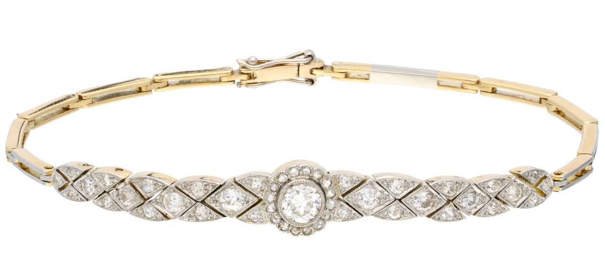 Bicolor gouden Art Deco-armband bezet met ca. 0.88 ct. diamant - 18 kt.