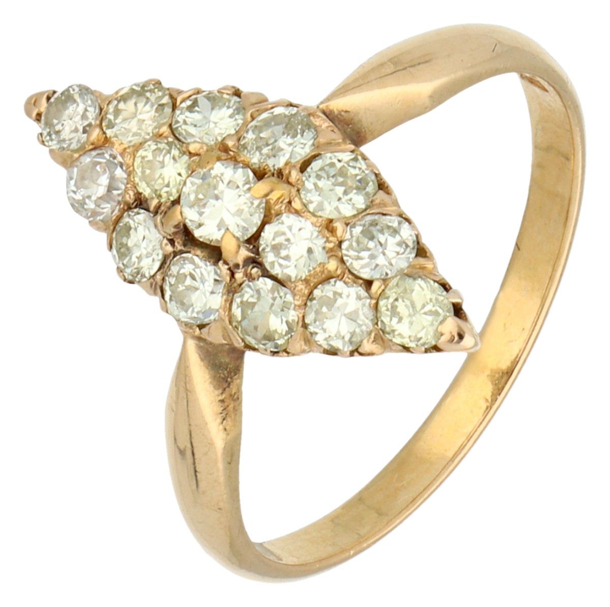 18K Geelgouden navette ring bezet met ca. 0.50 ct. diamant.