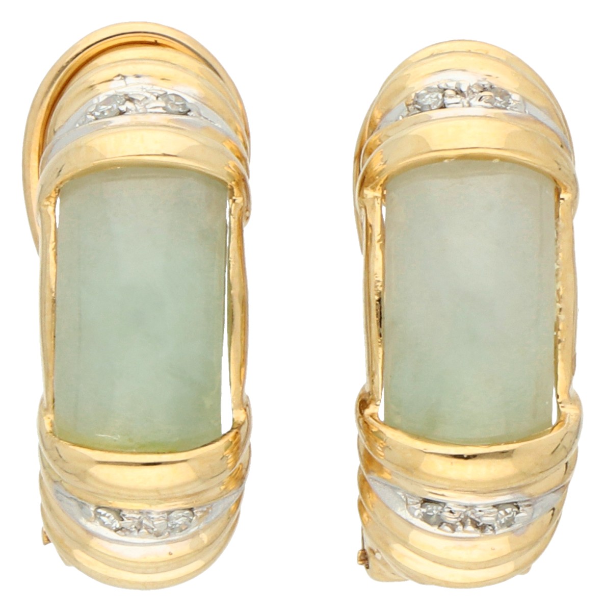 14K Geelgouden oorstekers bezet met jadeite en diamant.