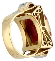 Gouden/platina Tank ring bezet met bloedkoraal en diamant