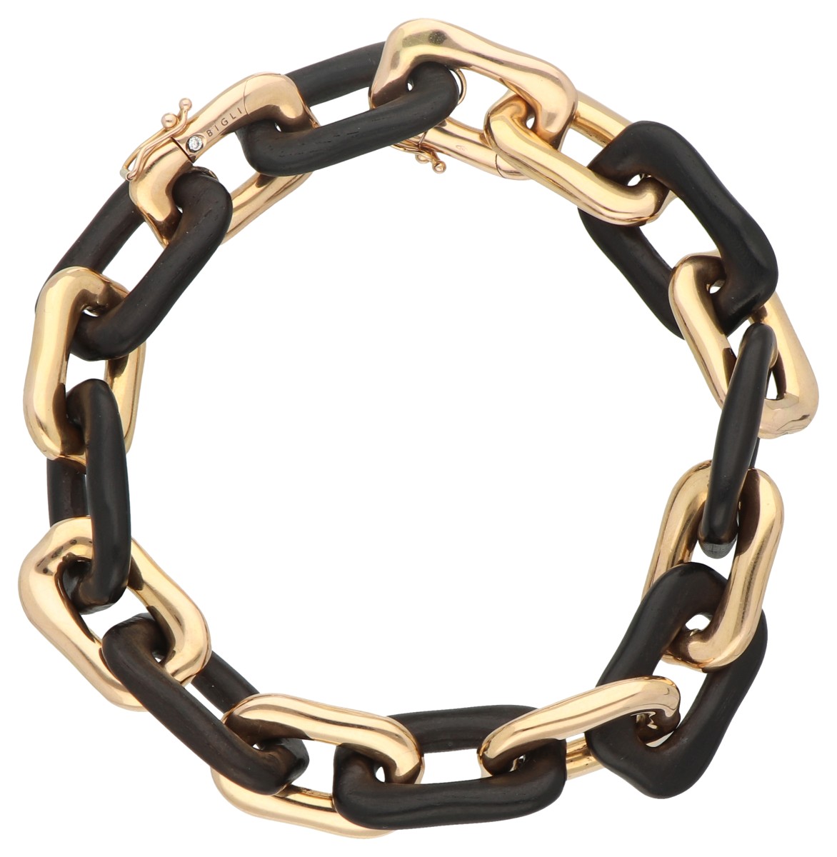 Bigli 18K roségouden schakel armband hout en diamant.