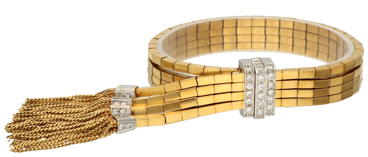 Retro 18K bicolor gouden armband met kwastjes bezet met ca. 0.83 ct. diamant.