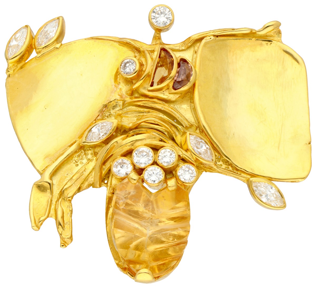 Monhof 18K geelgouden moderne hanger / broche bezet met ca. 1.65 ct. diamant en fancy cut citrien.