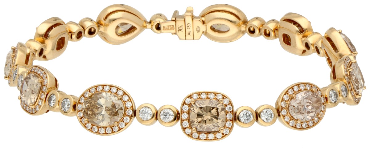 18K Geelgouden schakel armband met champagne diamanten van ca. 11.20 ct 