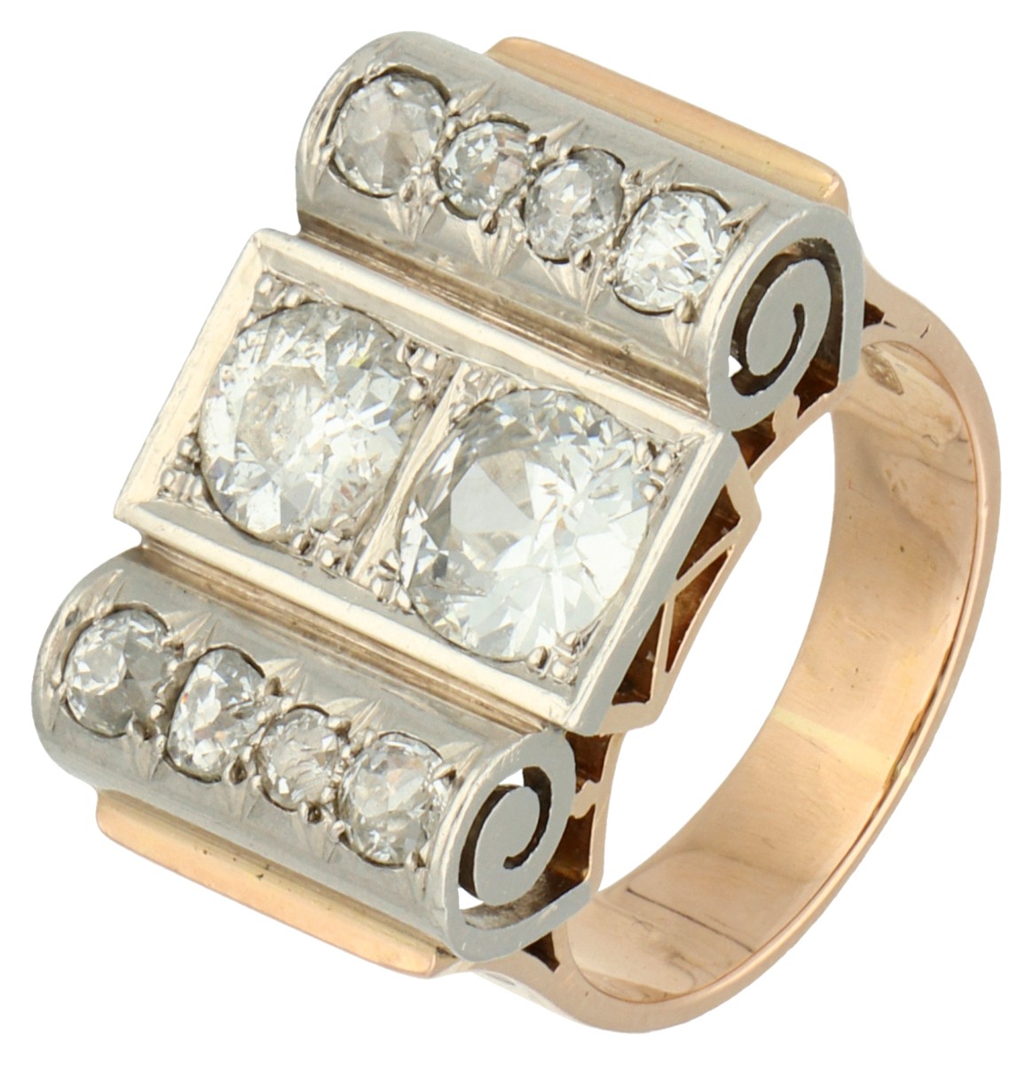 Gouden/platina Tank ring bezet met ca. 1.80 ct. diamant.