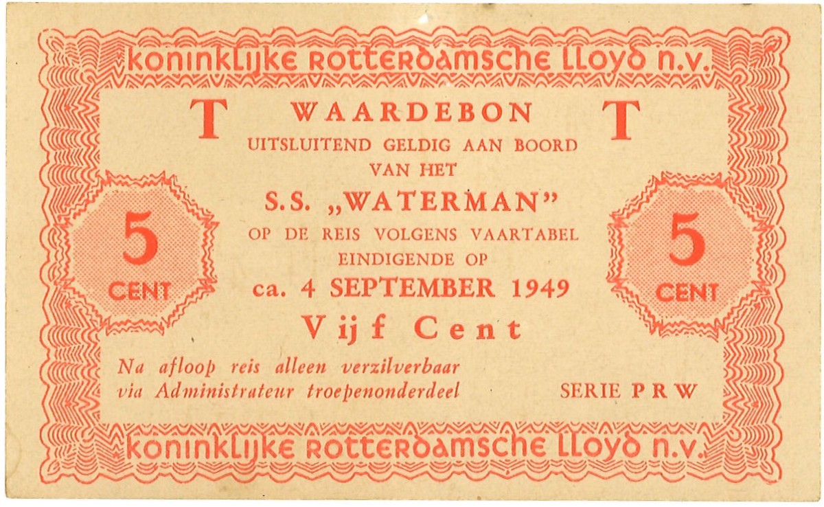 Nederland. 5 cent. Scheepsgeld. Type 1949. Type S.S. Waterman. - Prachtig.