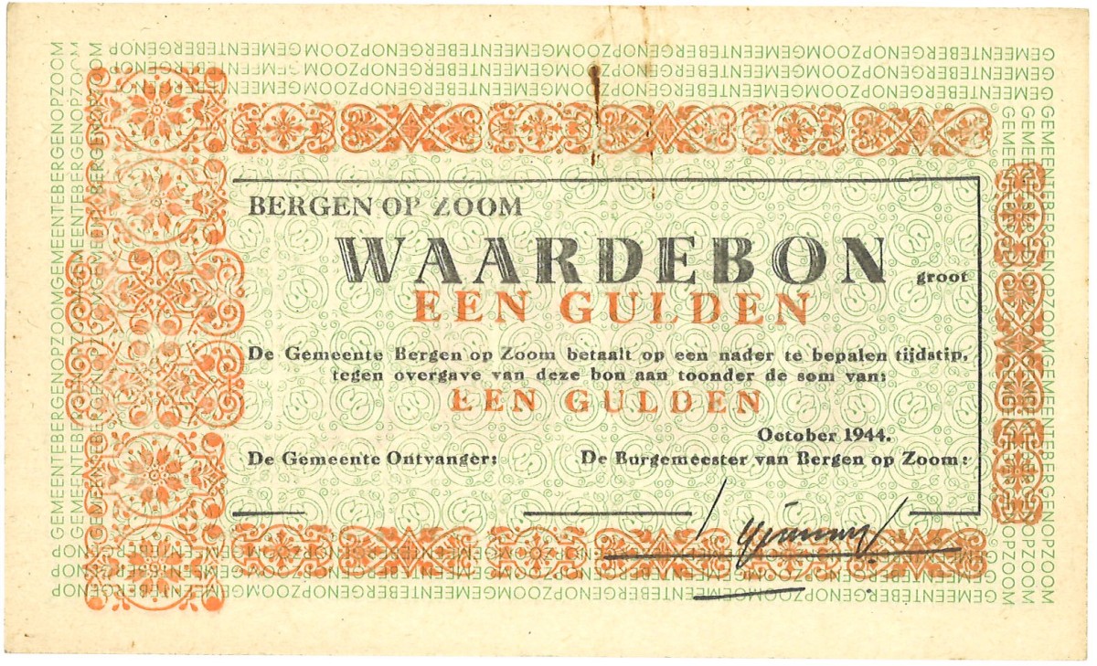 Nederland. 1 Gulden. Waardebon. Type 1940. Type Bergen op Zoom. - Zeer Fraai / Prachtig.