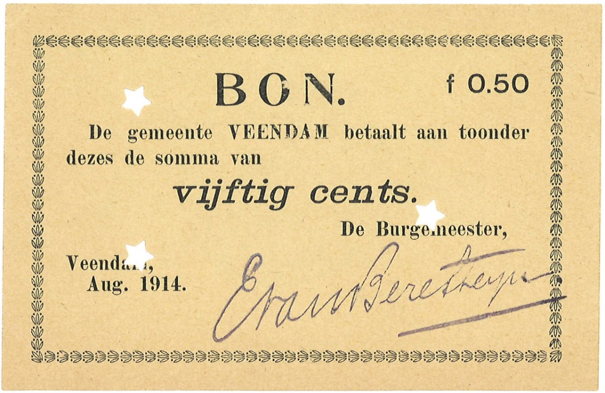 Nederland. 50 cent. Waardebon. Type 1914. Type Veendam. - Prachtig.