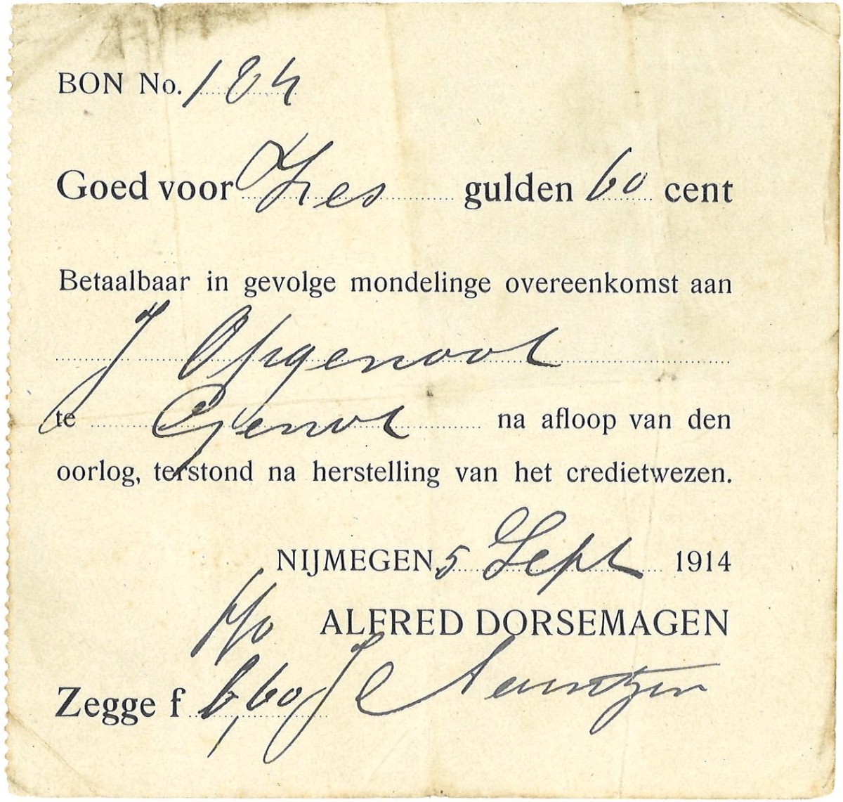 Nederland. 6 Gulden en 60 cent. Noodgeld. Type 1914. - Zeer Fraai.