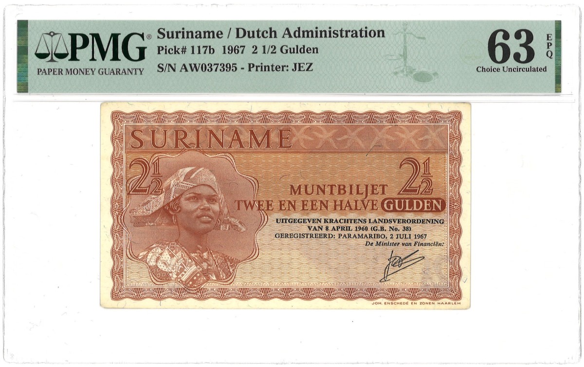 Suriname. 2,5 Gulden. Banknote. Type 1967. Type Suriname. - PMG 63EPQ