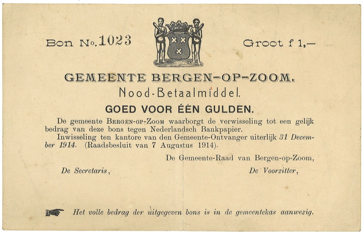 Nederland. 1 Gulden. Waardebon. Type 1914. Type Bergen op Zoom. - Zeer Fraai +.