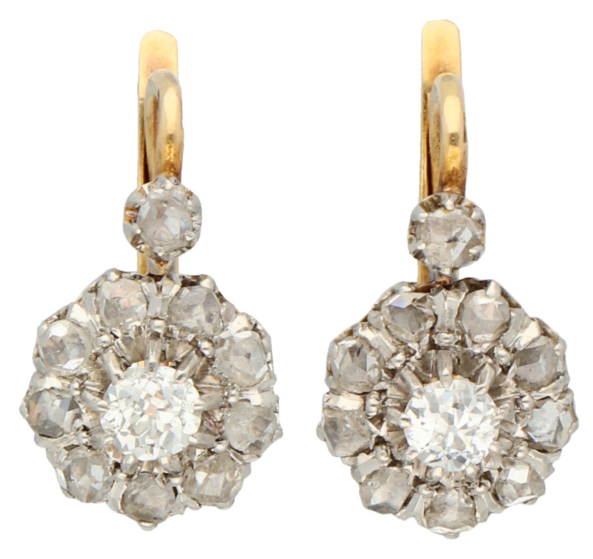 Franse antieke 18K geelgouden dormeuses met oud slijpsel diamant.