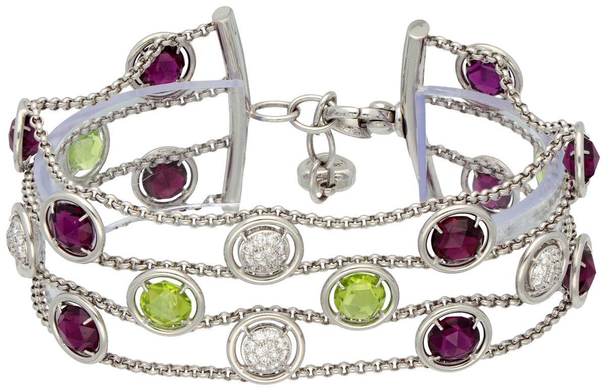 Chopard 18K witgouden drie-rijige armband met peridot, rhodoliet en diamant