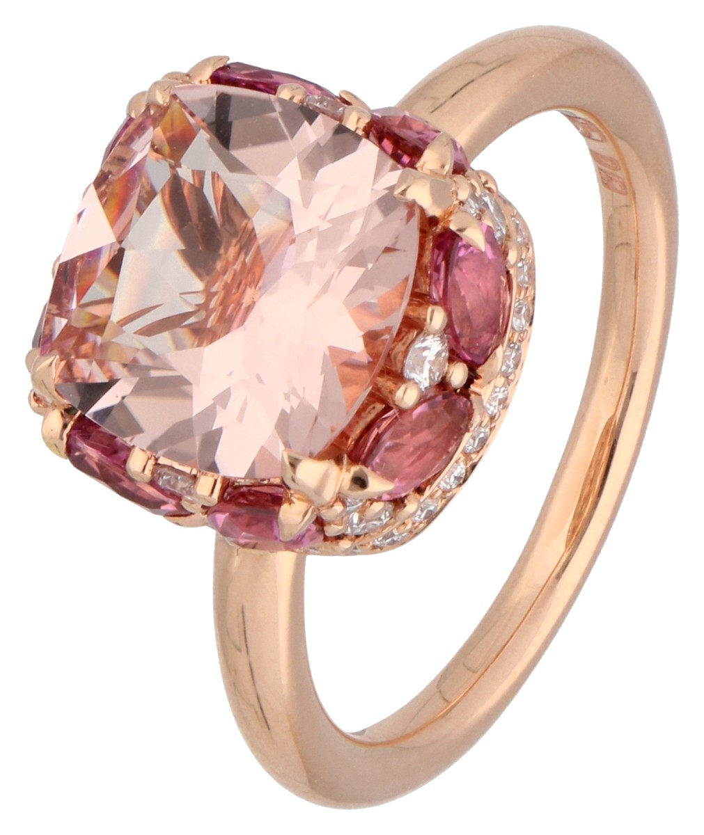 18K Roségouden design ring met morganiet, toermalijn en diamant.