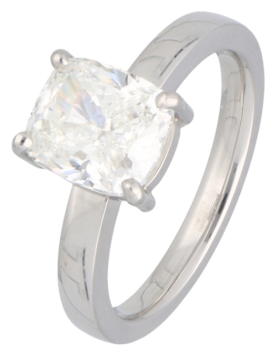 IGI-gecertificeerde 18K witgouden solitair ring met cushion geslepen diamant van ca. 3.01 ct. diamant.
