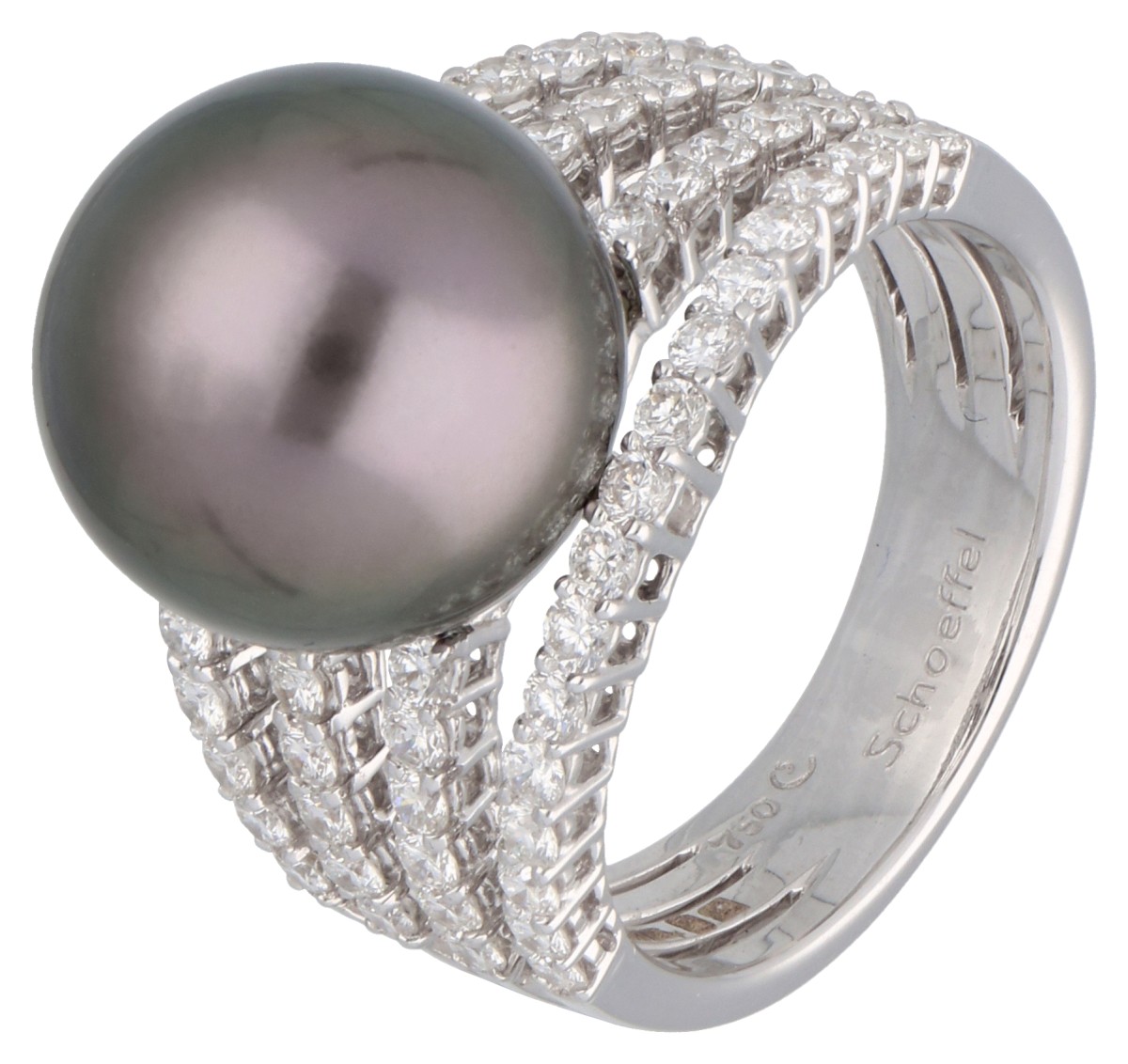 Schoeffel 18K witgouden ring met Tahiti parel en ca. 1.16 ct diamant