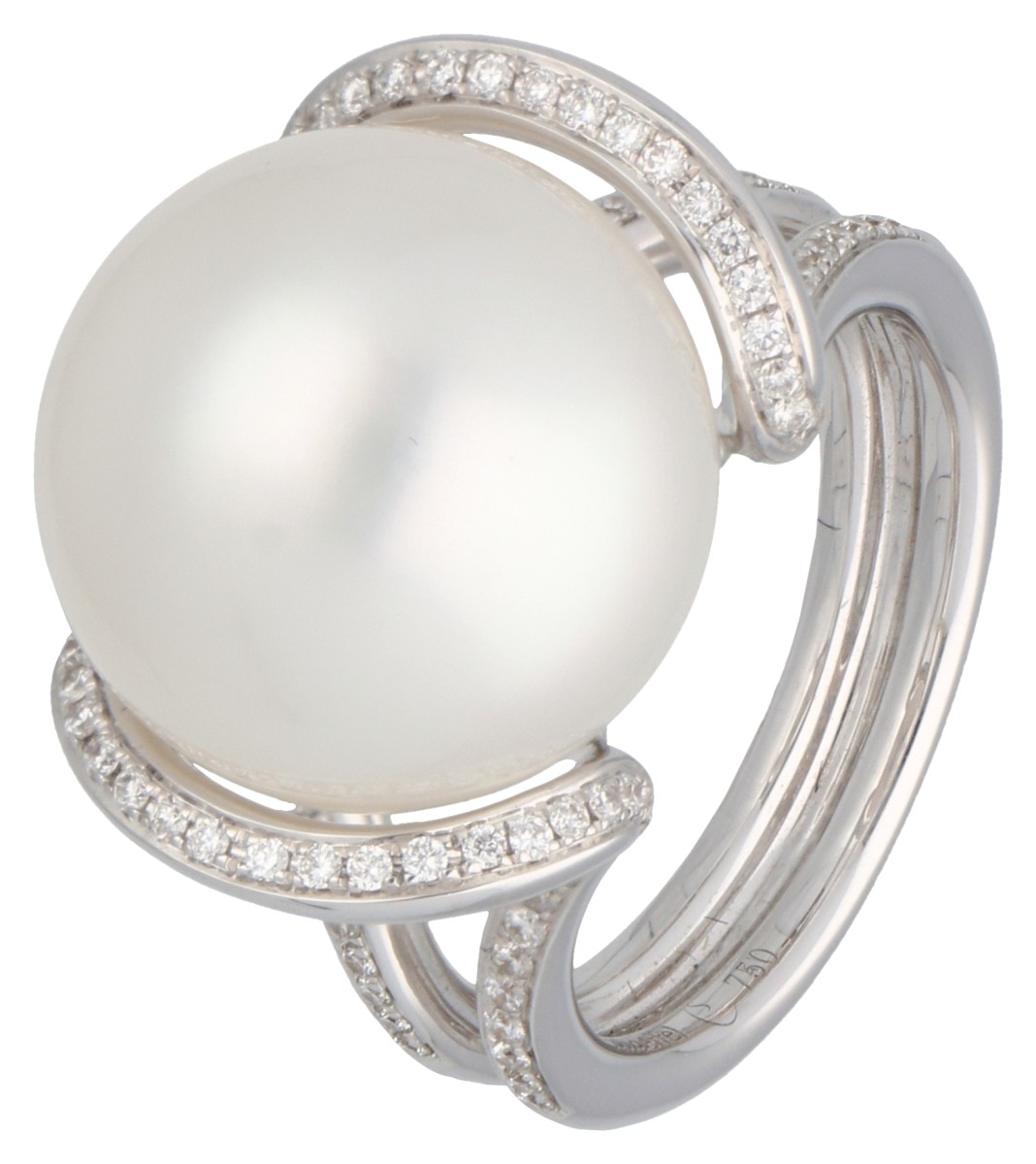  Schoeffel 18K witgouden design ring met 15 mm Zuidzee parel en diamant