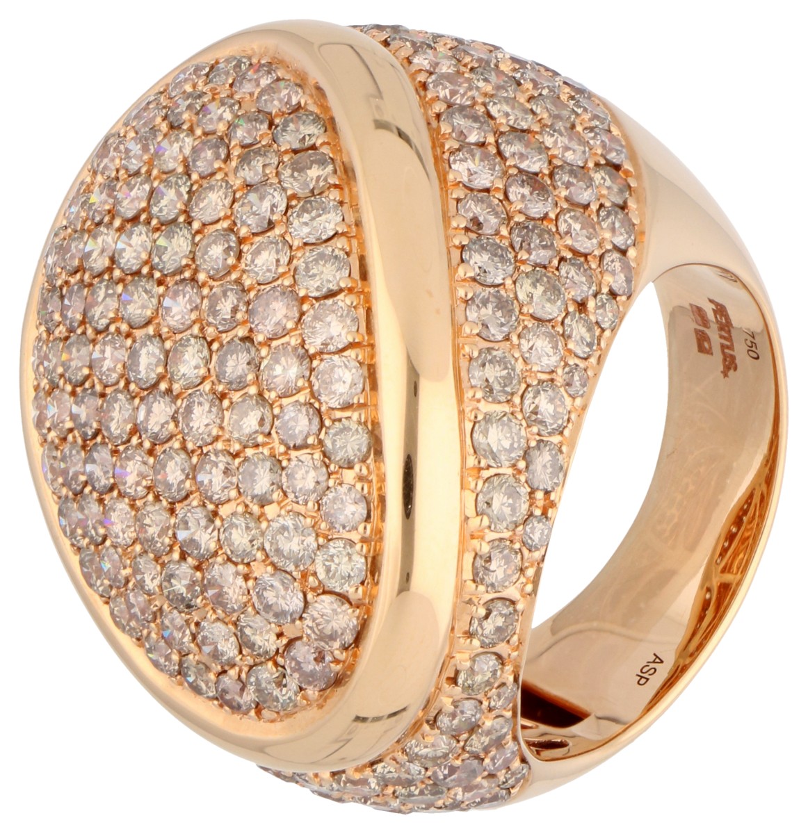 18K Roségouden Artur Scholl dome ring bezet met ca. 5.07 ct. cognac-kleurige diamant.